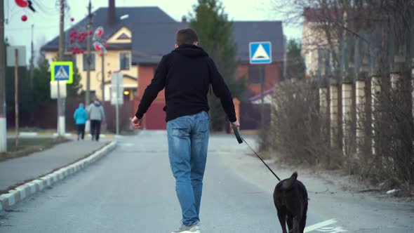 Teenager riding a skateboard and walks a dog on a leash in a sleeping area