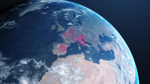 Animation of the planet earth spinning around and countries turning red through circles alt