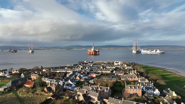 Oil Rigs in the Distance Beyond Cromarty Town in Scotland