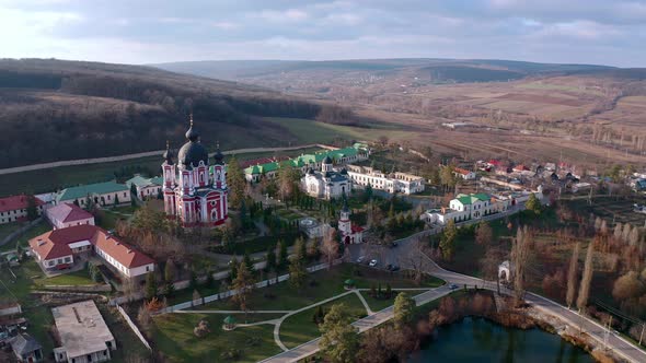 Orbital Aerial Drone View of Curchi Monastery in Orhei Moldova