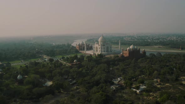 Aerial view of the Taj Mahal along Yamuna river, Agra, Uttar Pradesh, India.