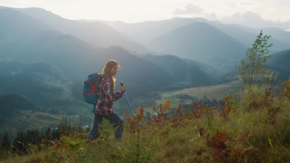 Excited Woman Trekking Landscape Outdoors