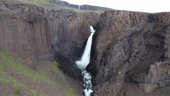 Aerial shot of Litlanesfoss waterfall in Iceland