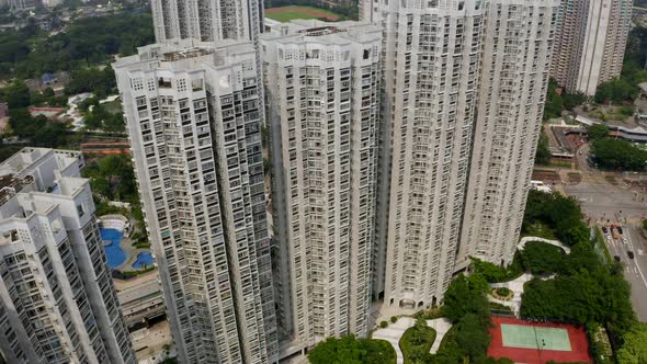 Aerial view of flying over Hong Kong city