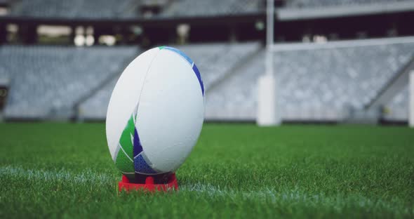 Rugby ball on a grass in the stadium