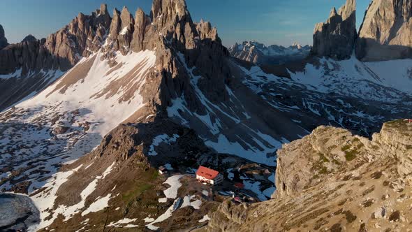 Aerial Unveil Monte Paterno Mountain in Dolomites Alps Italy