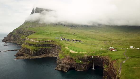 Aerial View of Mulafossur Waterfall Faroe Islands