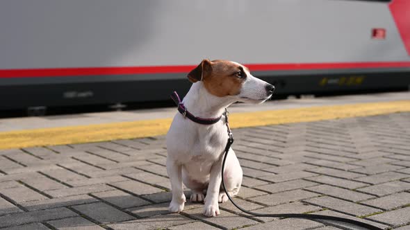 Jack Russell Terrier Dog Sits Alone at the Train Station Outdoors