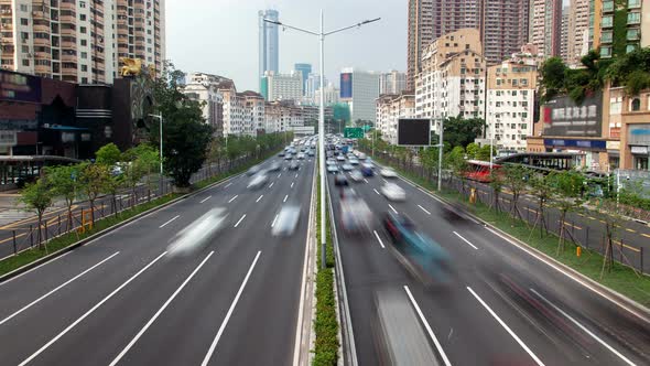 Shenzhen China Urban Cityscape Street Traffic Timelapse Pan Up