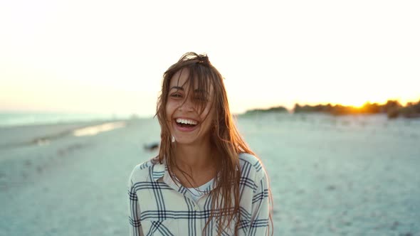 POV Happy Beautiful Mixed Race Woman Walking on Wild Sea Sand Beach at Sunset with Beautiful