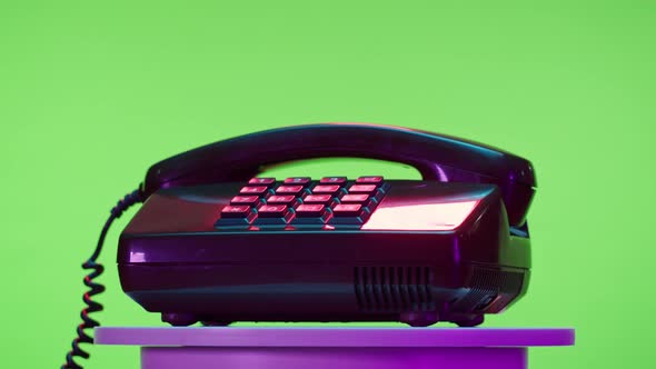 Old Phone Closeup Retro Wired Telephone on Chroma Key Green Background