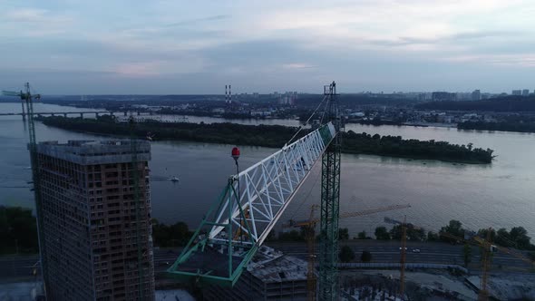 Aerial View of the Construction of a New Modern Residential Complex Near the River Kyiv Ukraine