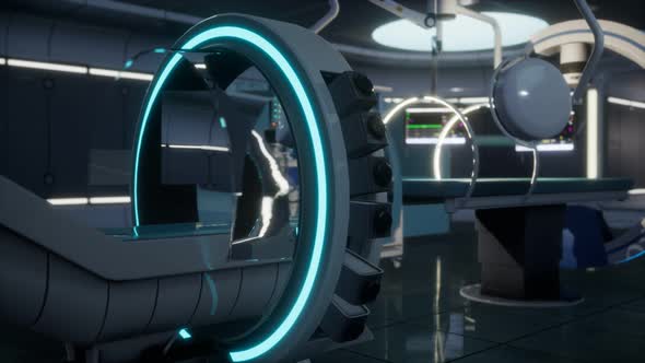 Futuristic Sci Fi MRI Scanner Medical Equipments in Hospital