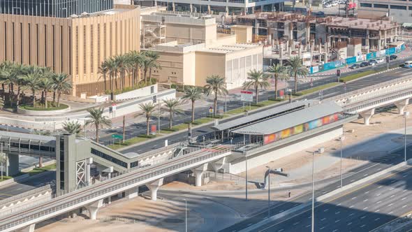 Aerial View of Dubai Tram in Dubai Marina Timelapse