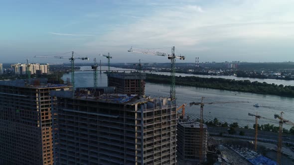 Aerial View of the Construction of a New Modern Residential Complex Near the River Kyiv Ukraine