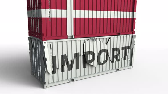 Container with IMPORT Text Being Crashed with Container with Flag of Denmark