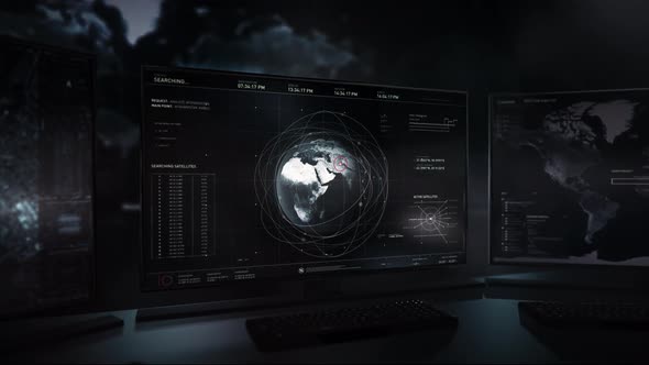 Computer screen showing search in progress. Analyzing data. military satellites alt