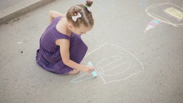 Child Drawing Chalk Asphalt Road Summer Day