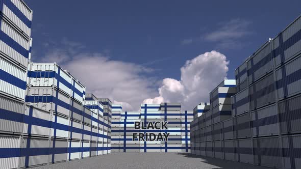 Cargo Containers with BLACK FRIDAY Text and Flags of Finland