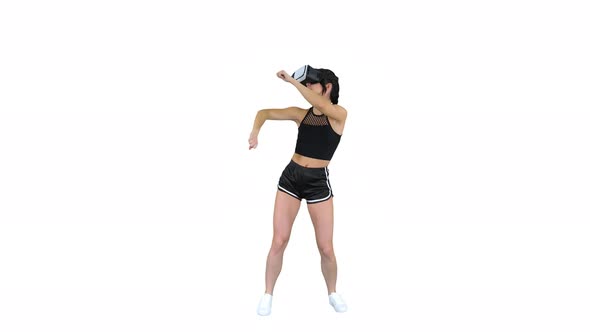 Girl Playing Virtual Reality Dancing Game Experienced Dancer on White Background.