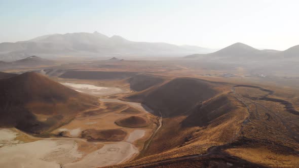 Aerial view of  mountain valleys on red planet Mars