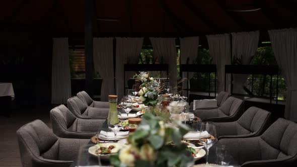 food and drinks on the festive table in the restaurant