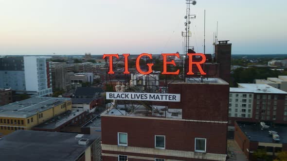 Black Lives Matter Sign on Public Building in Columbia, Missouri - Aerial Drone Orbiting view