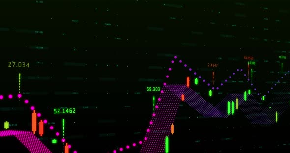 Multicolored graph and numbers moving against world map in background alt