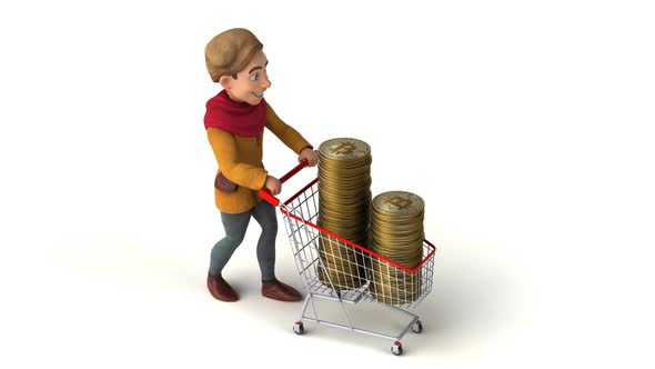 Fun 3D cartoon medieval man shopping with bitcoins