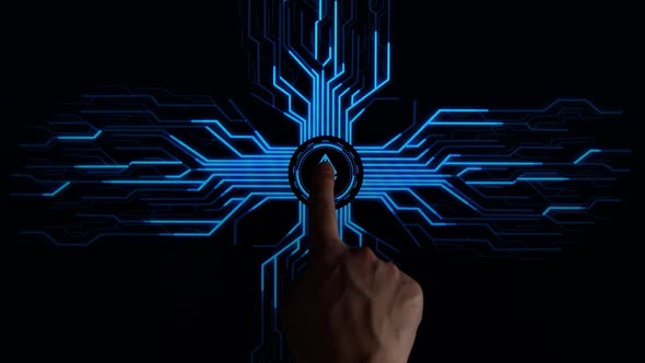 Finger Pushes Touch Ethereum Digital Currency With Futuristic Artificial Intelligence Spreading