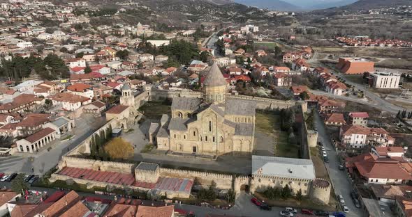 Aerial view of Orthodox Svetitskhoveli Cathedral in Mtskheta, Georgia