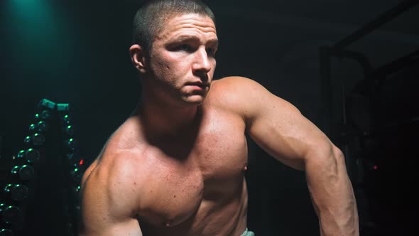 Man Doing Lift-ups, Holding Heavy Dumbbells in Hands, Workout for Arm Muscles