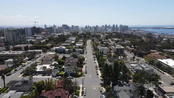 Aerial View Above Hillcrest Neighborhood with Downtown San Diego on the Background