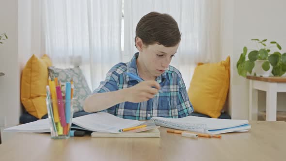 Young boy sitting at home preparing homework for school