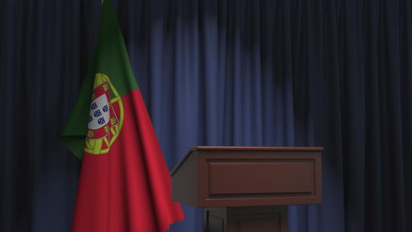 Flag of Portugal and Speaker Podium Tribune