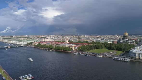 Flight Over Neva River in St. Petersburg, Russia