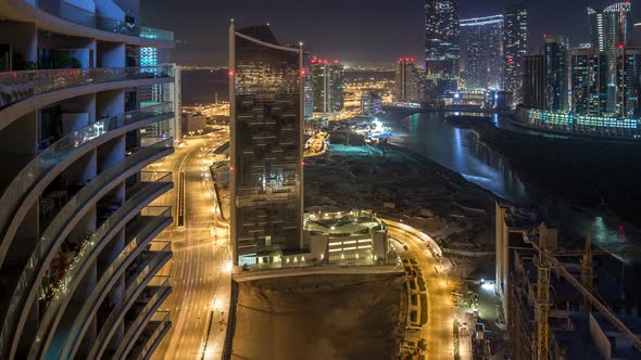 Buildings on Al Reem Island in Abu Dhabi Night Timelapse From Above