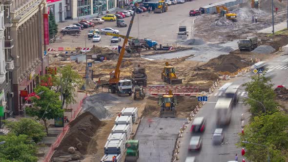 Excavator Working on Earthmoving at Open Pit Mining in the City Street Timelapse