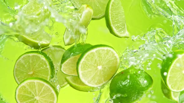 Super Slow Motion Shot of Lime Slices Falling Into Water on Green Background at 1000Fps.