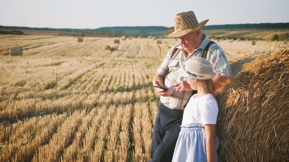 Little Girl with Grandfather in Field Haystacks Grandfather Farmer Is Teaching the Younger