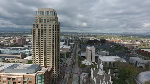 Looking to the west, we see an aerial shot of South Temple Street and the Sky Scrapers and buildings