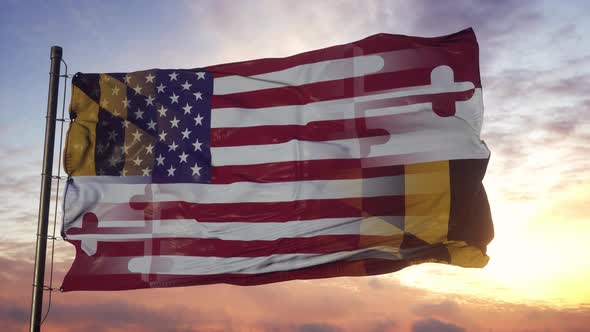 Maryland and USA Flag on Flagpole