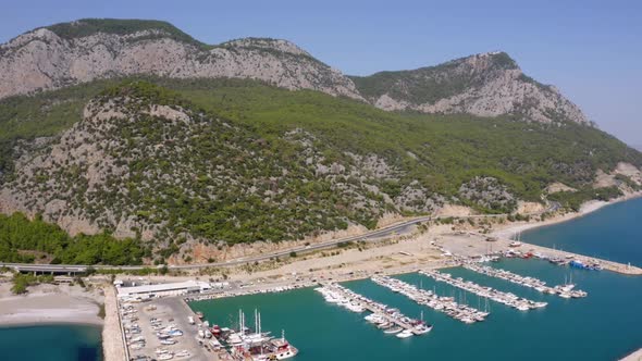 Aerial View of Sea Port with Moored Yachts and Boats
