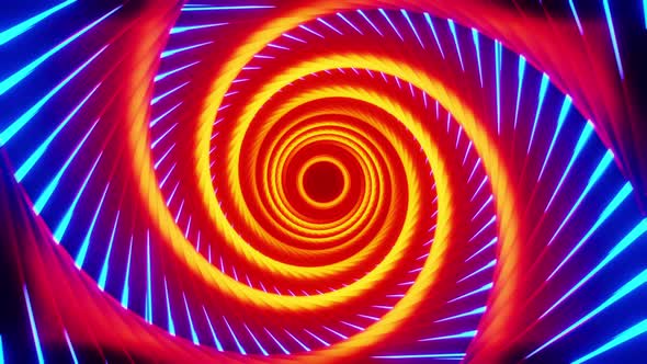 Tunnel in the form of an orange vortex with blue stripes. Looped animation