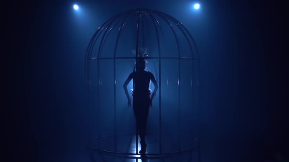 Aerial Acrobatics on a Rotating Hoop in Cage in a Dark Room