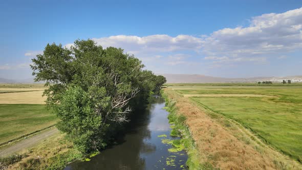 aerial river landscape fields