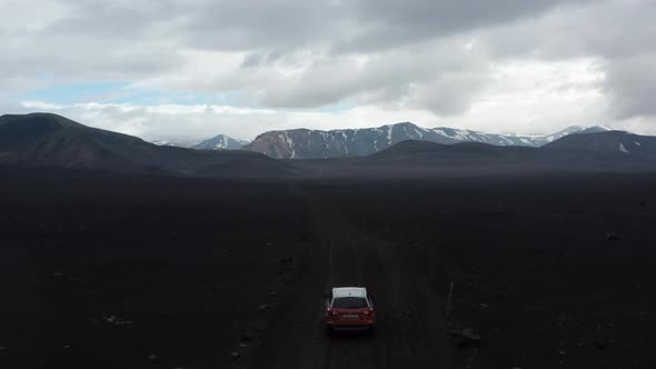 Drone View Car Driving Offroad Path on Skaftafell National Park Exploring Wilderness of Lakagigar