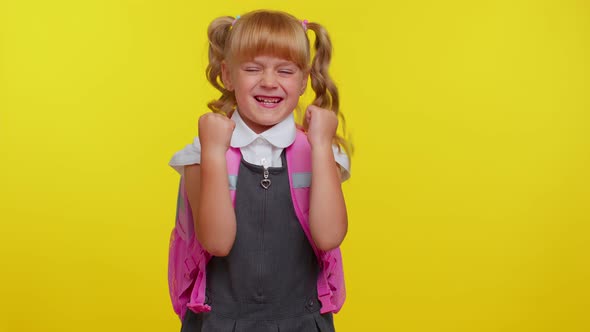 Attractive Teenage Girl Kid in School Uniform Celebrate Success Win Doing Winner Gesture Say Yes