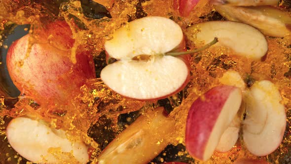 Super Slow Motion Shot of Red Apple Cuts Falling and Splashing Into Juice at 1000Fps alt