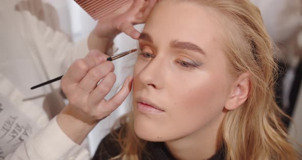 Girl With A Brush Applies Eye Shadow. Makeup